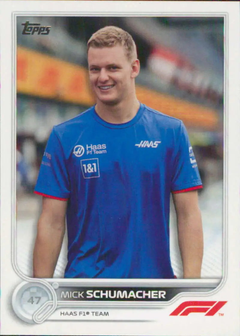 Mick Schumacher 2022 Topps Formula 1 racing card featuring blue Haas team shirt