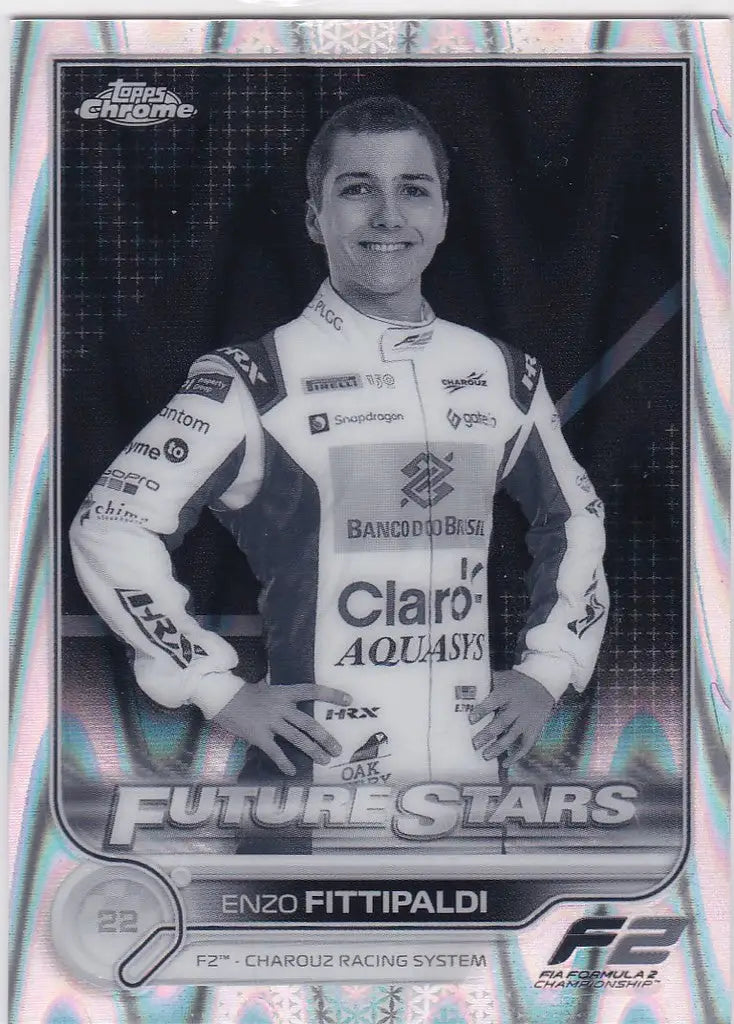 Racing driver trading card featuring Enzo Fittipaldi Ray in a white uniform with sponsor logos