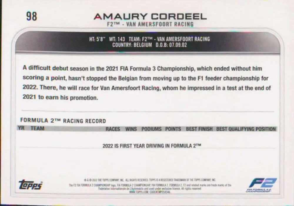 Amaury Cordeel Topps Formula 1 racing card displaying driver statistics and biography