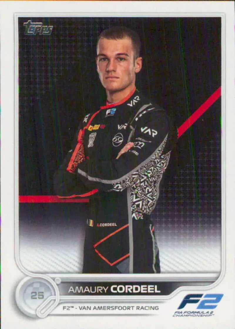 Amaury Cordeel Racing Card from 2022 Topps Formula 1 in black racing suit with logos