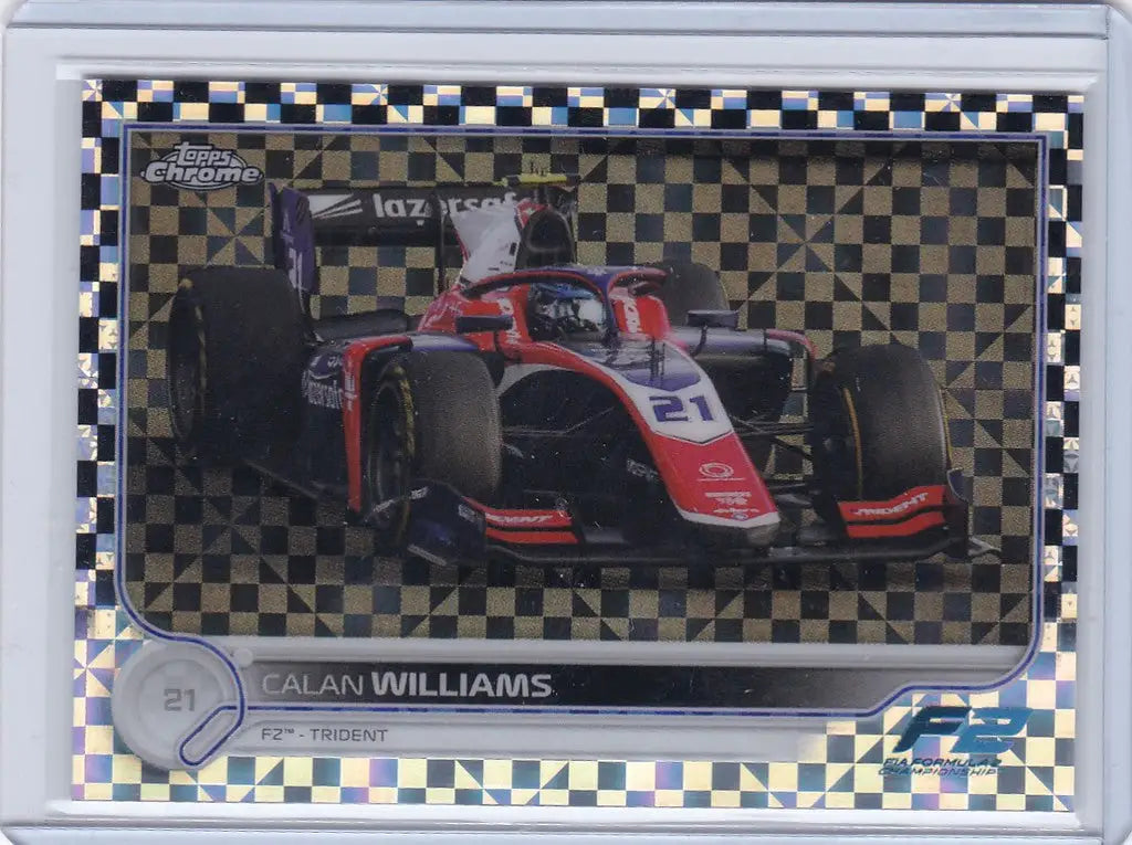 Formula 1 car with red and black livery on checkered background, Calan Williams Topps Formula