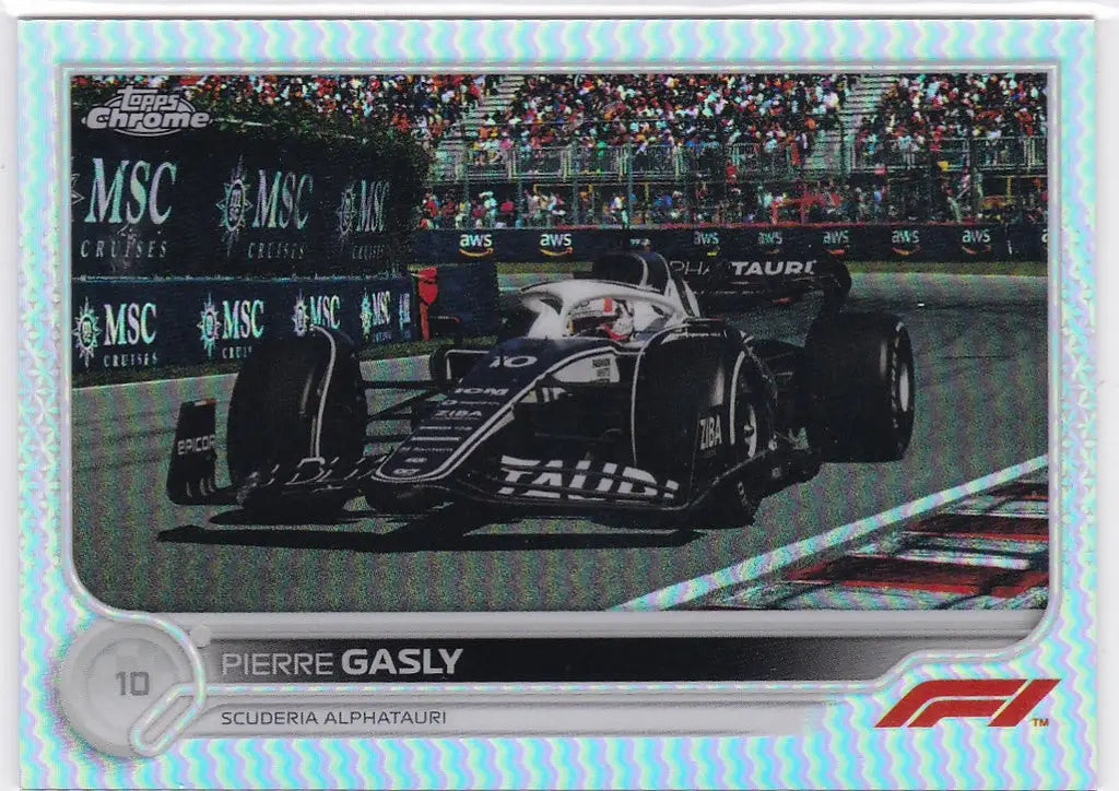 Formula 1 racing car on track with spectators, featuring Pierre Gasly Refractor AlphaTauri