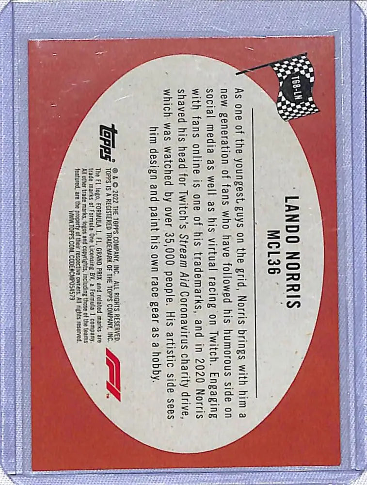 Back side of 2022 Topps Formula 1 T68-LN Lando Norris card with checkered flag design