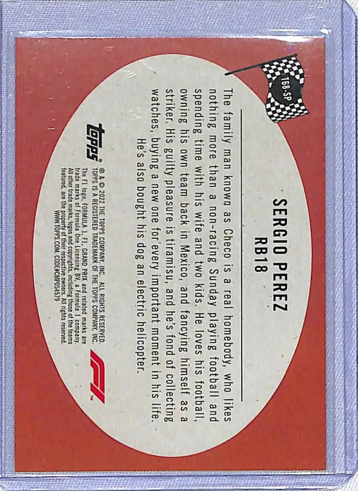 Back of 2022 Topps Formula 1 card featuring Sergio Perez and Red Bull design elements