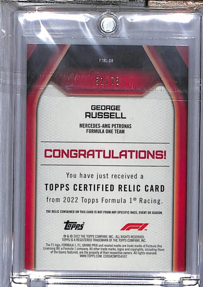 George Russell Topps relic racing card F1RL-GR George Russell NM-MT 51/75