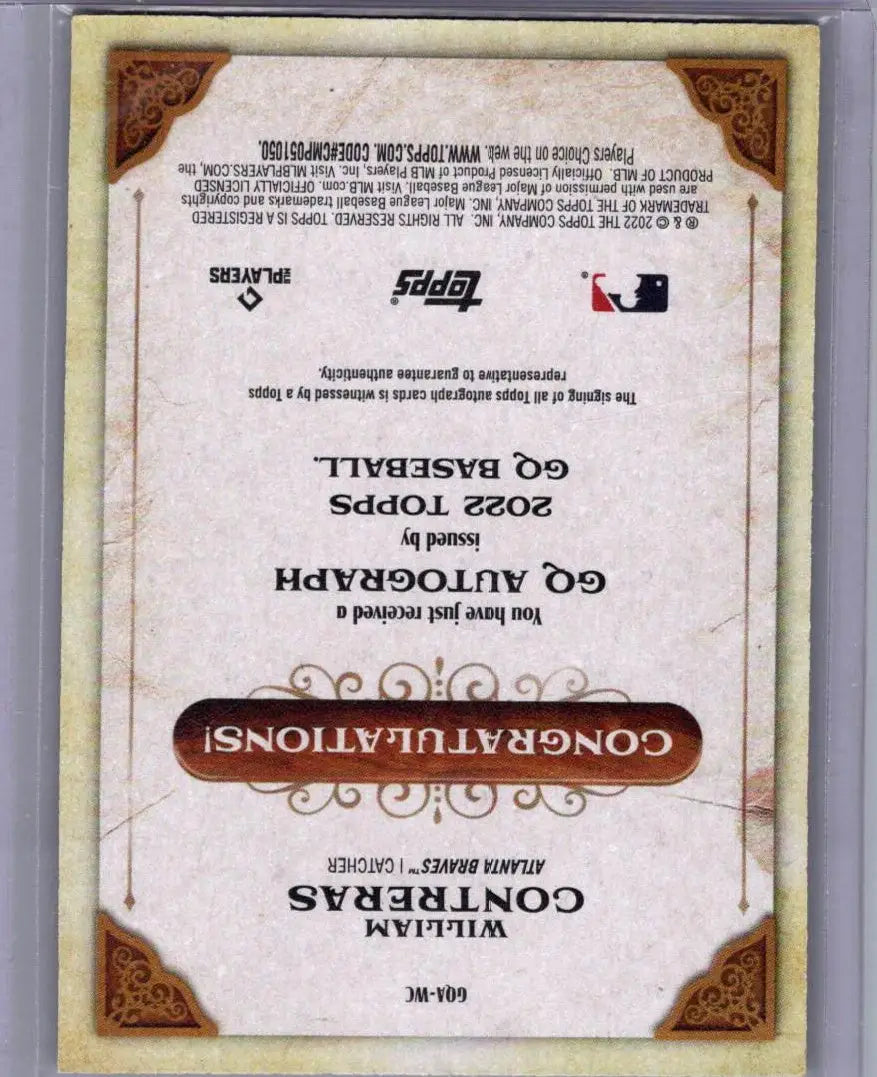 Baseball card back of William Contreras from 2022 Topps Gypsy Queen Contreras GQ Autographs