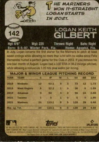 Baseball card back of 2022 Topps Heritage #142 Logan Gilbert with original gloss quality