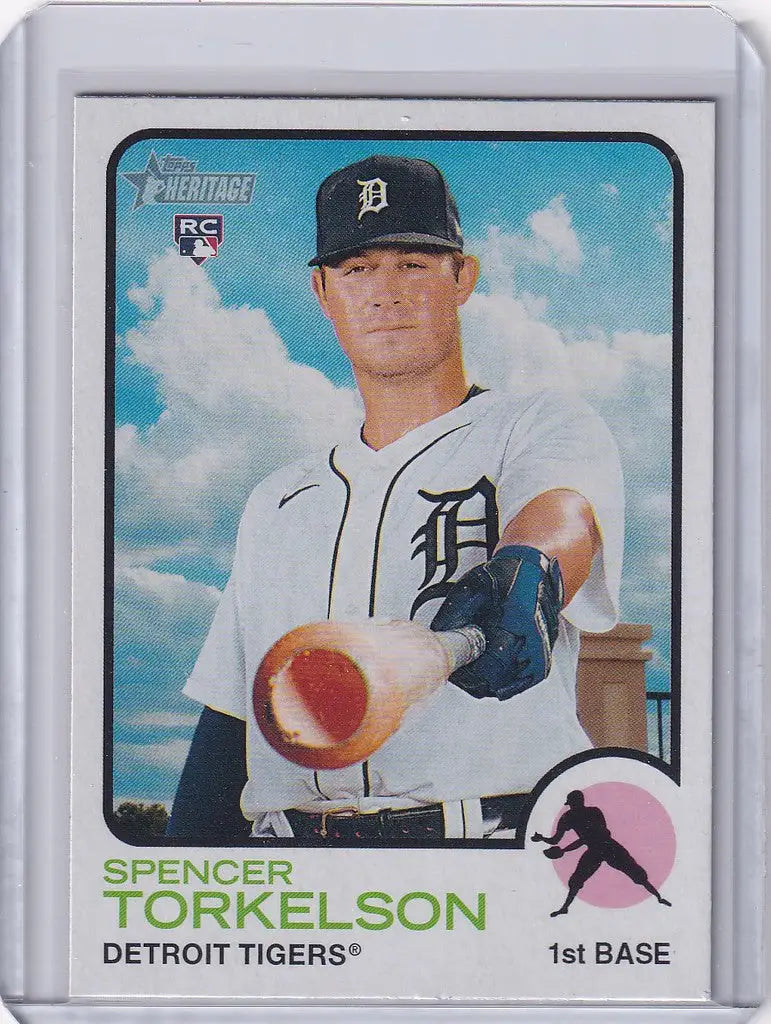 Spencer Torkelson Detroit Tigers card from 2022 Topps Heritage against a cloudy sky