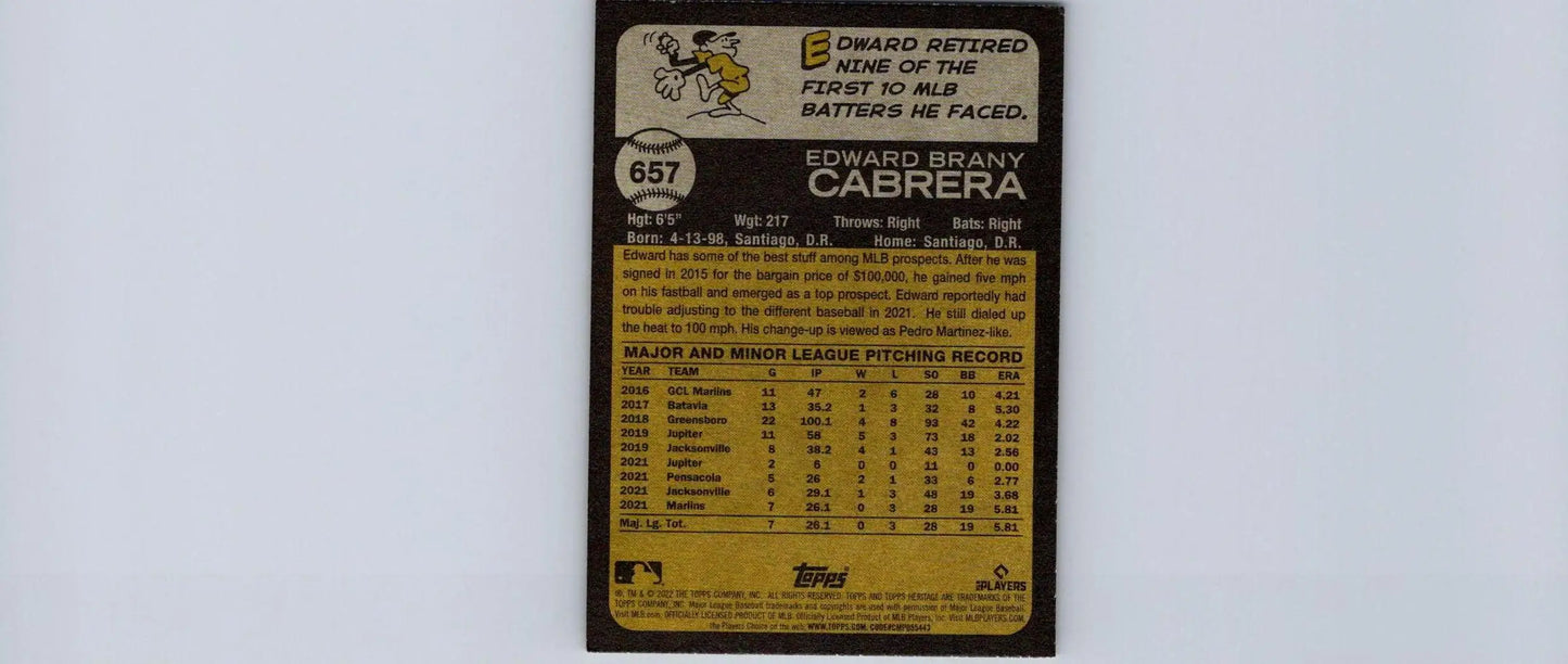2022 Topps Heritage #657 Edward Cabrera baseball trading card display