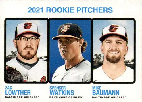 Baseball card featuring three rookie pitchers from Baltimore Orioles in Topps Heritage original gloss