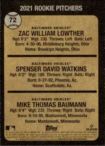 Baseball card featuring Baltimore Orioles rookie pitchers Mike Baumann Zac Lowther Spenser Watkins from Topps Heritage 2022