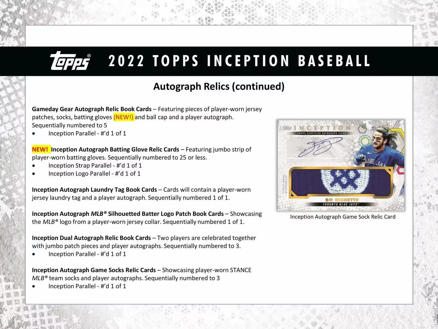 2022 Topps Inception Baseball product card featuring sequentially numbered Inception Autograph relics