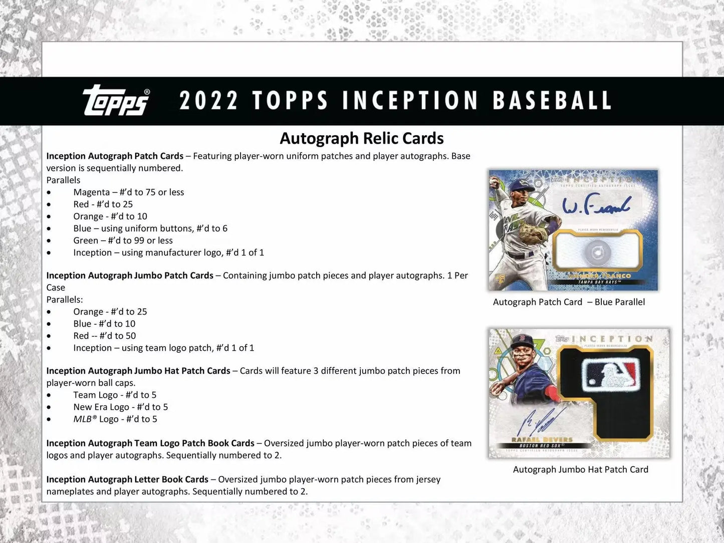 Product information card for 2022 Topps Inception Baseball autograph relic cards