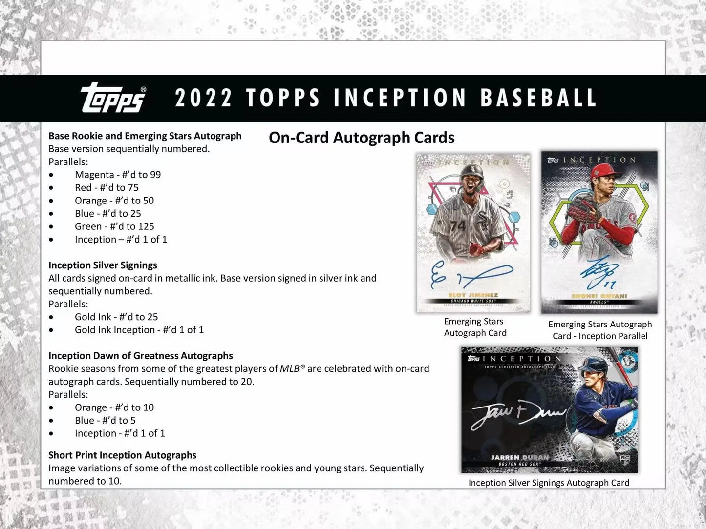 Product information sheet for 2022 Topps Inception Baseball autographs and player autographs