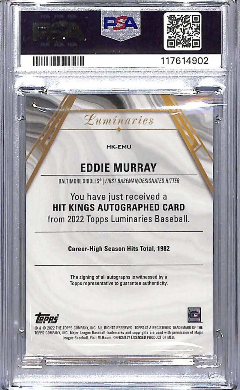 Graded Eddie Murray Hit Kings Blue baseball card in 2022 Topps Luminaries series
