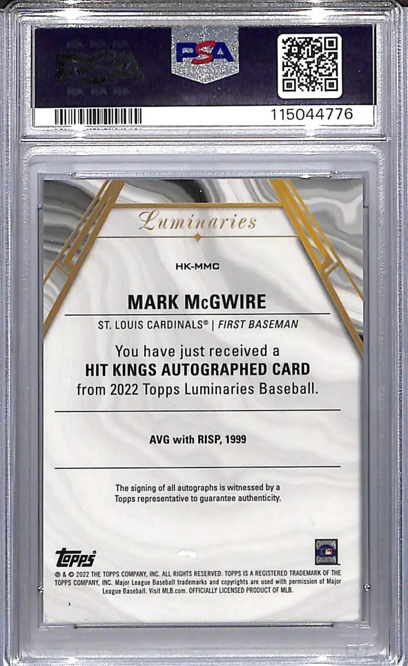 Autographed Mark McGwire baseball card from 2022 Topps Luminaries Hit Kings series