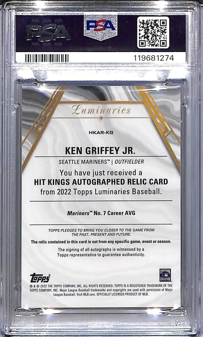 Graded Ken Griffey Jr. baseball card with MEM Auto from 2022 Topps Luminaries Hit Kings