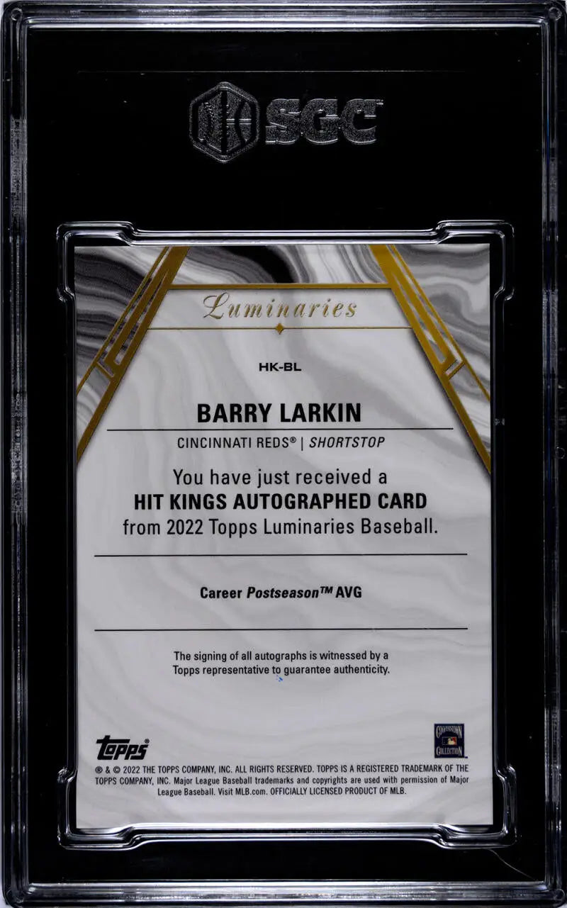 Graded Barry Larkin autographed card in SGC 9 holder from 2023 Topps Luminaries