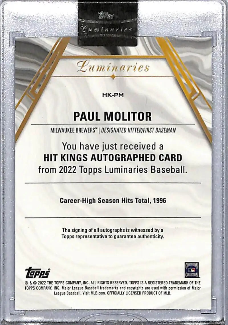 2022 Topps Luminaries Paul Molitor autographed baseball card for Milwaukee Brewers