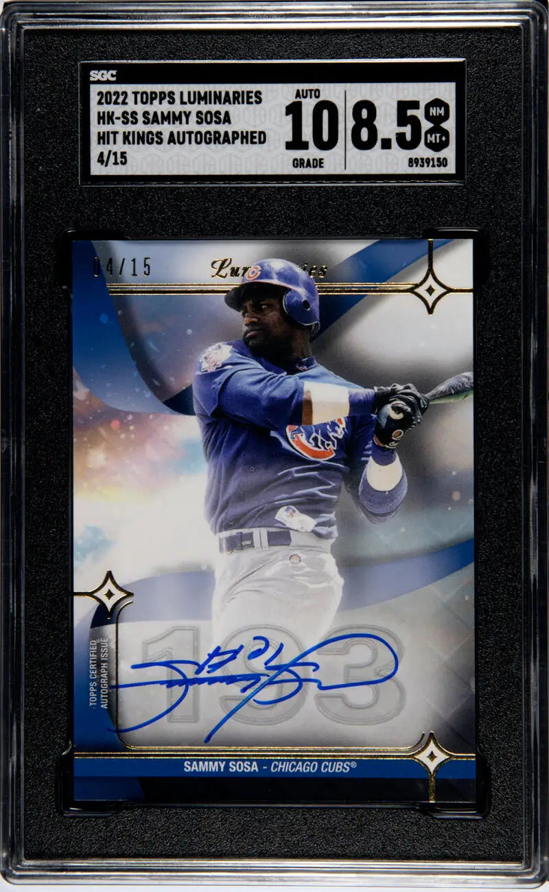 Graded Sammy Sosa Chicago Cubs baseball card with autograph in protective holder
