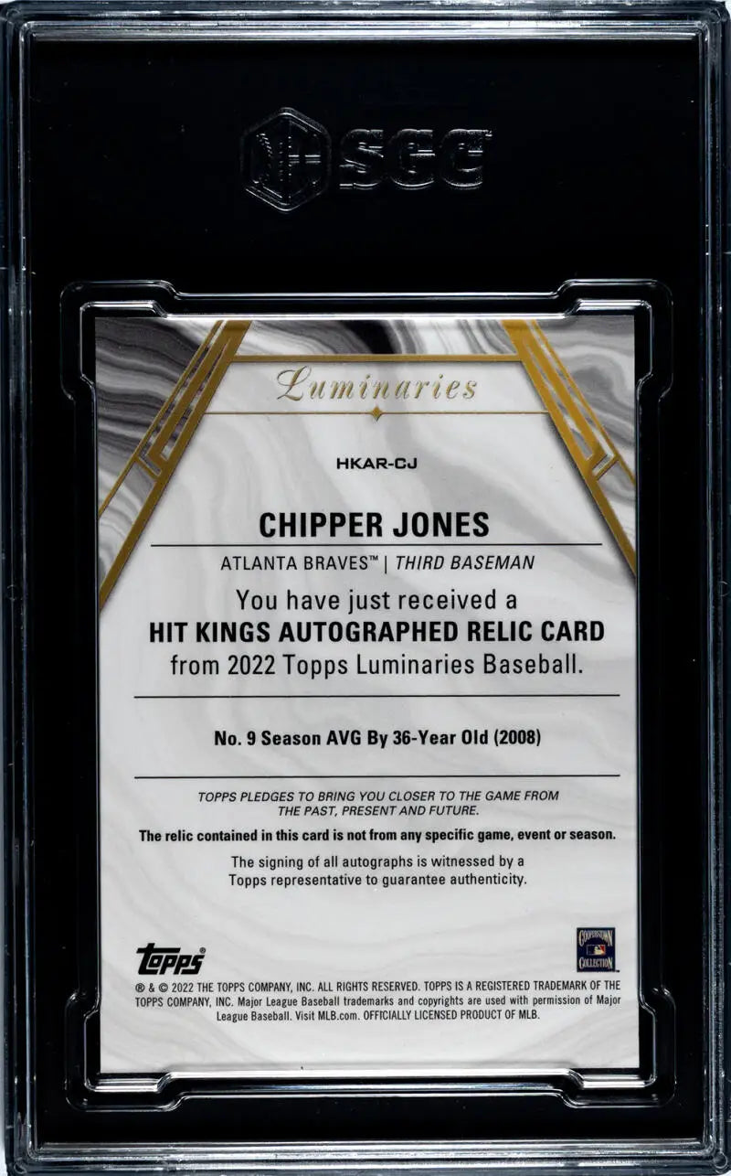 Back of a Chipper Jones autographed relic card from 2022 Topps Luminaries Atlanta Braves