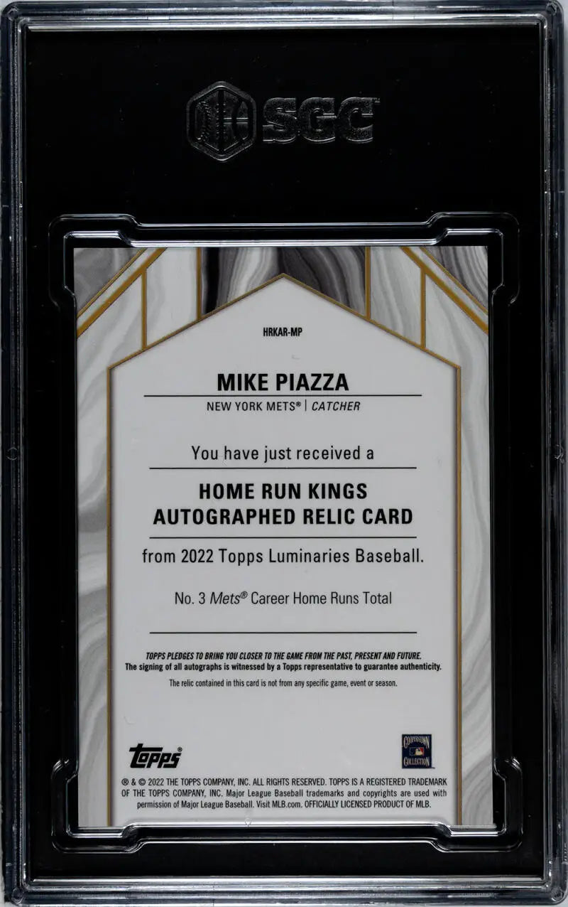 Baseball card of Mike Piazza autographed relic in protective case, New York Mets collectible