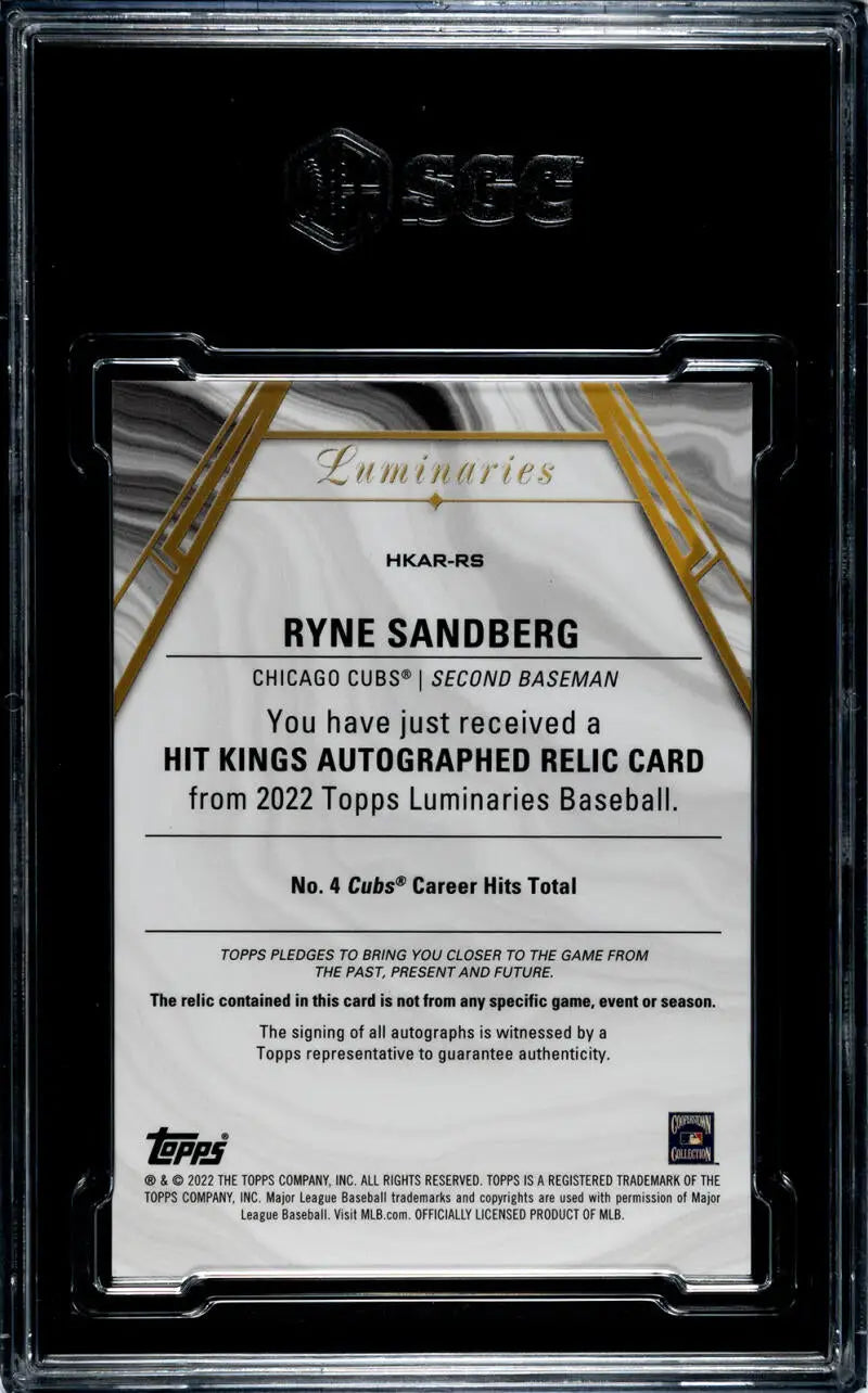 Ryne Sandberg autographed relic baseball card from 2022 Topps Luminaries, Sandberg SGC