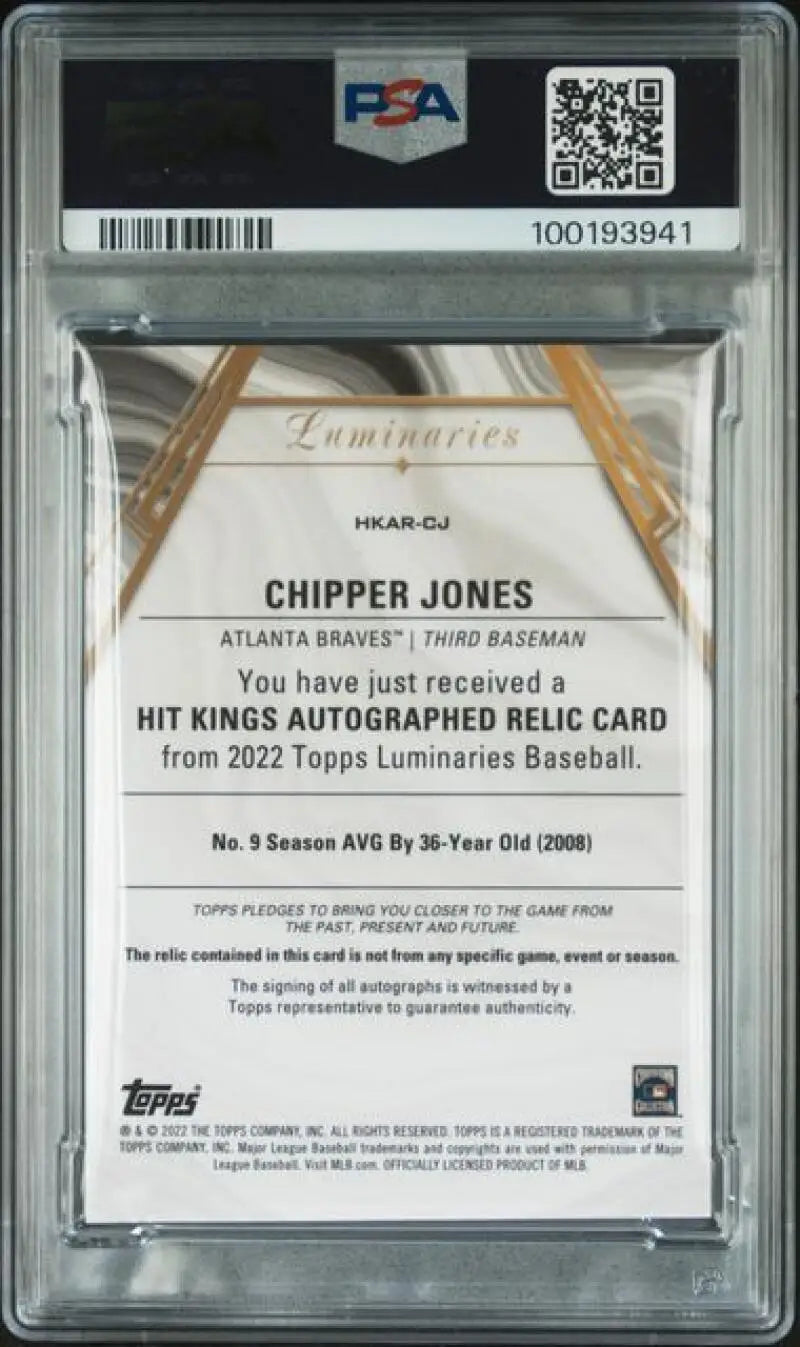 PSA-graded Chipper Jones autographed relic baseball card from 2022 Topps Luminaries