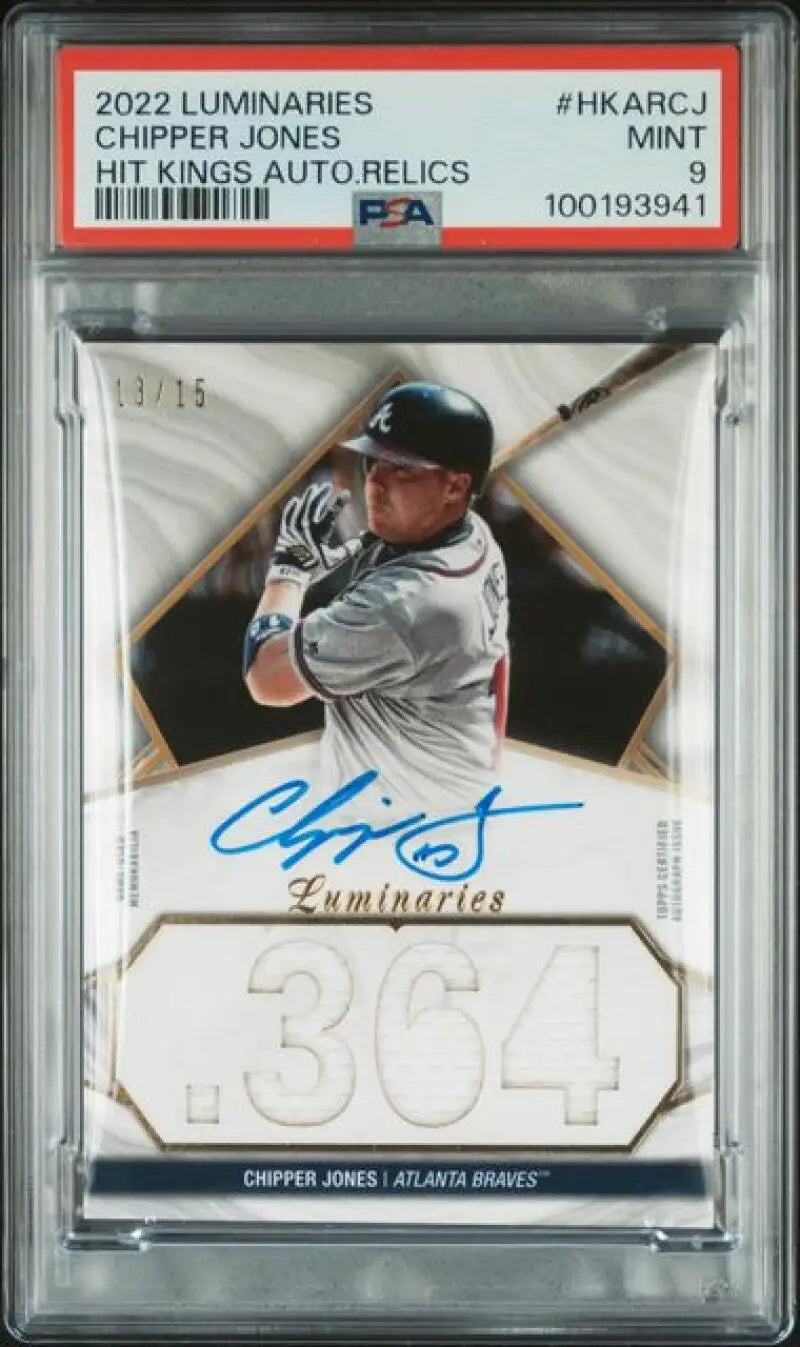 PSA-graded 2022 Topps Luminaries Chipper Jones baseball card with autograph and jersey number