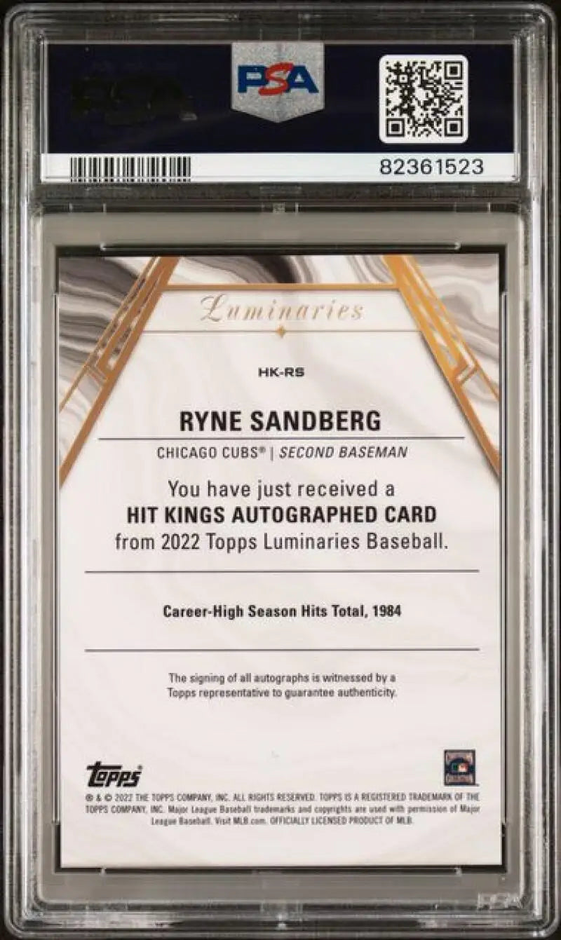 2022 Topps Luminaries #HKRS Ryne Sandberg PSA 9 MINT Auto 15/15 Chicago Cubs Baseball Card