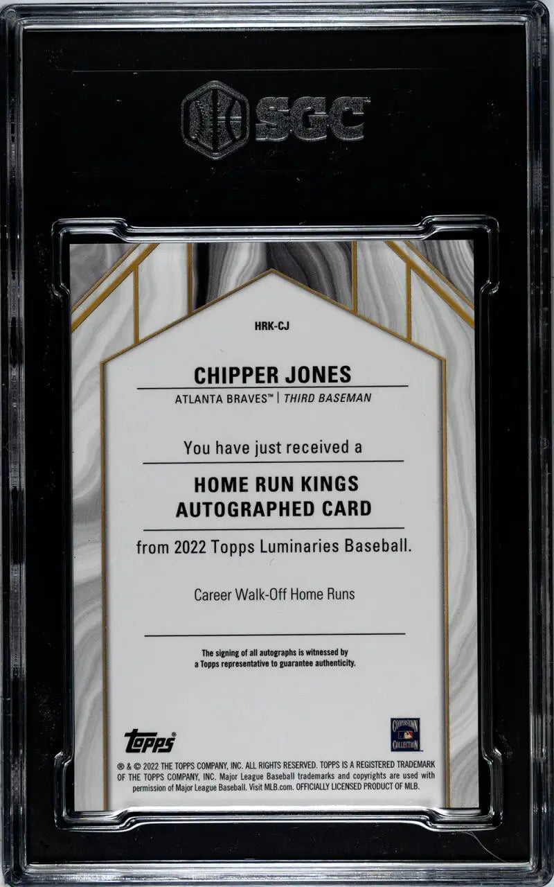 Back of 2022 Topps Luminaries Chipper Jones Home Run Kings card in protective case