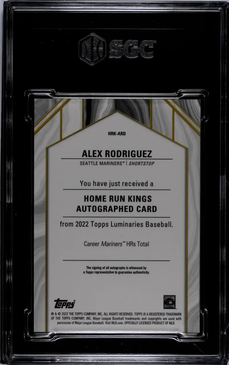 Black-bordered authentication card for Alex Rodriguez Seattle Mariners Baseball Card SGC 9 MINT
