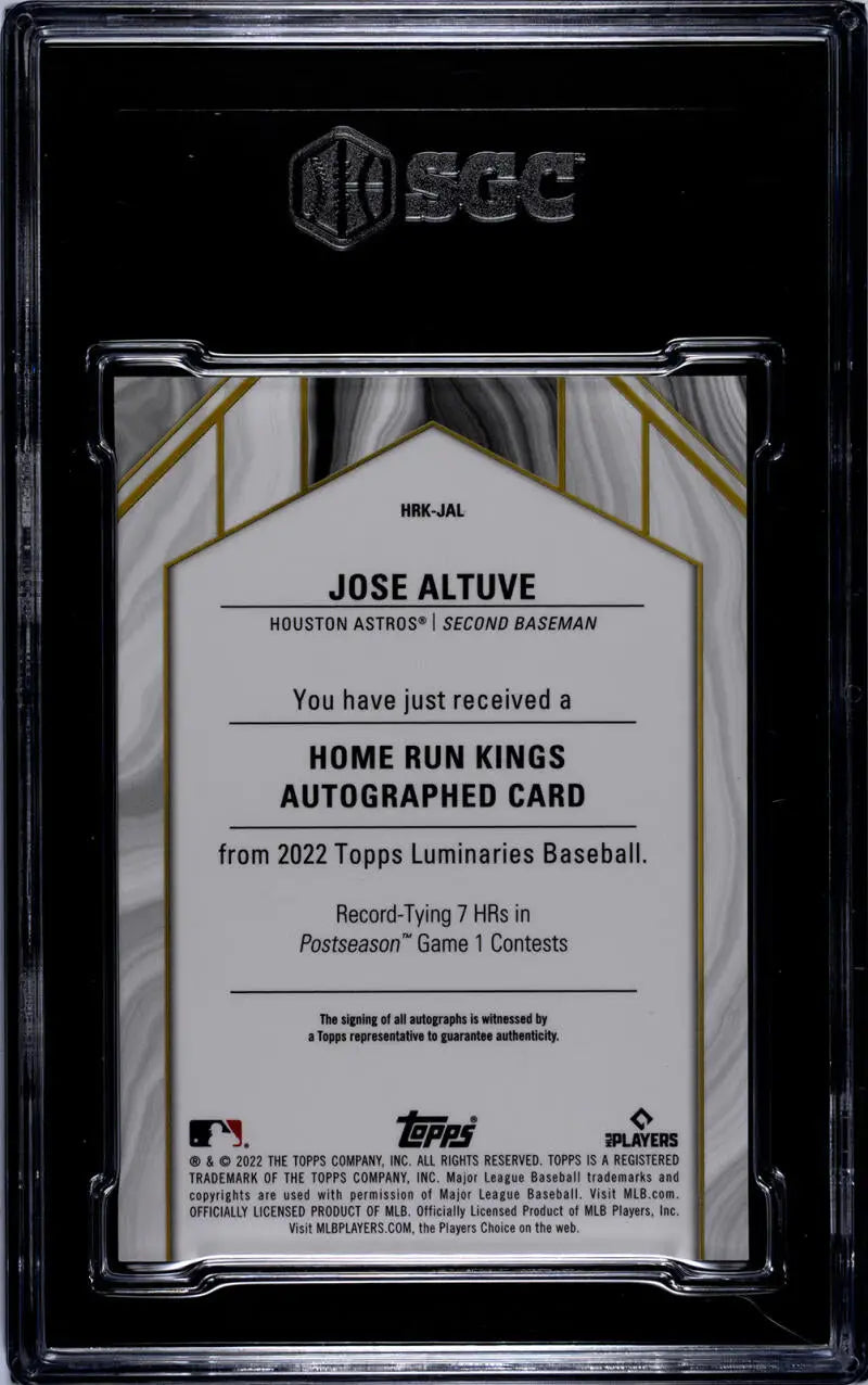 Graded Jose Altuve Houston Astros baseball card with SGC 9 MINT auto from 2022 Topps Luminaries