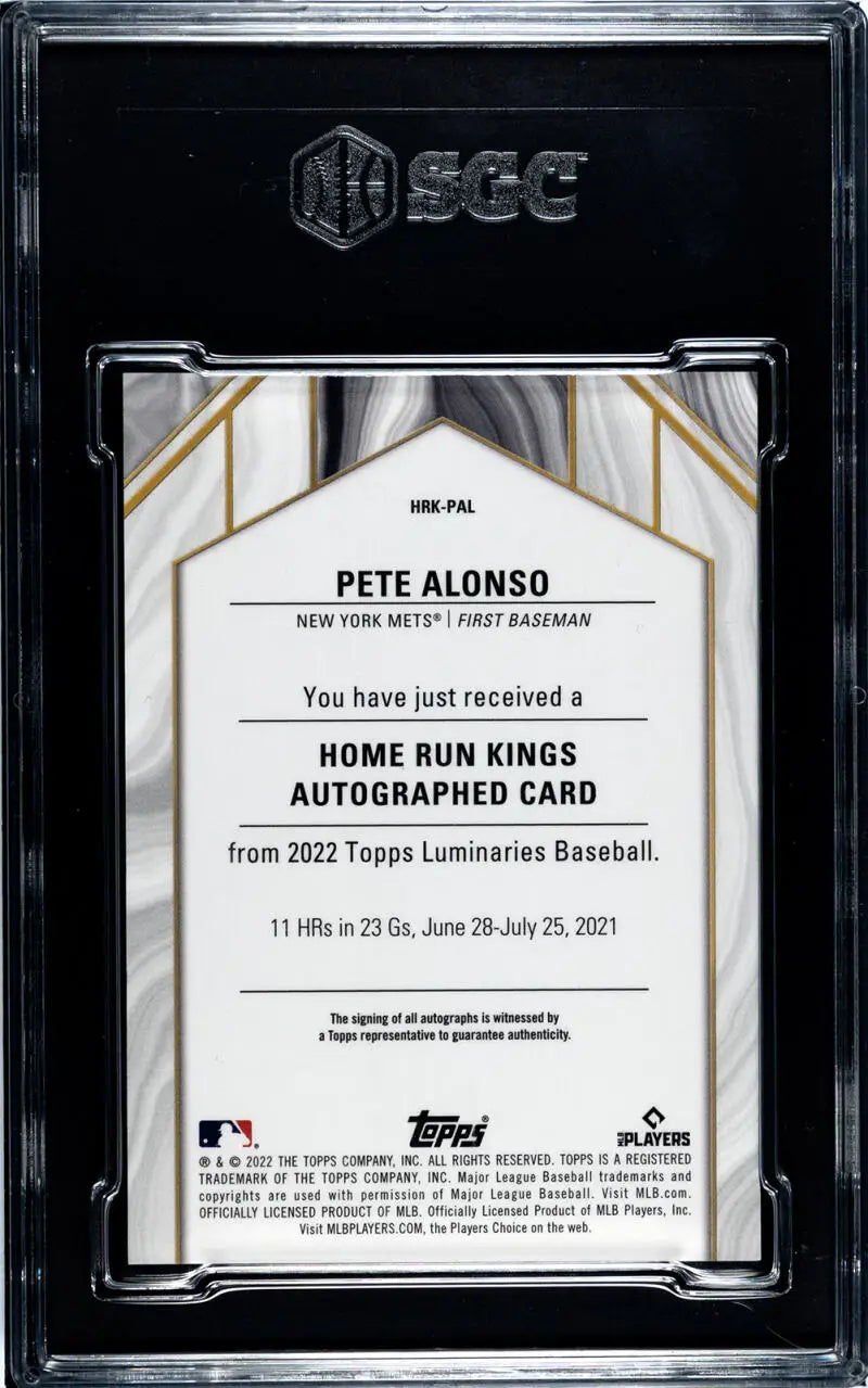 Graded Pete Alonso autographed baseball card featuring New York Mets player memorabilia