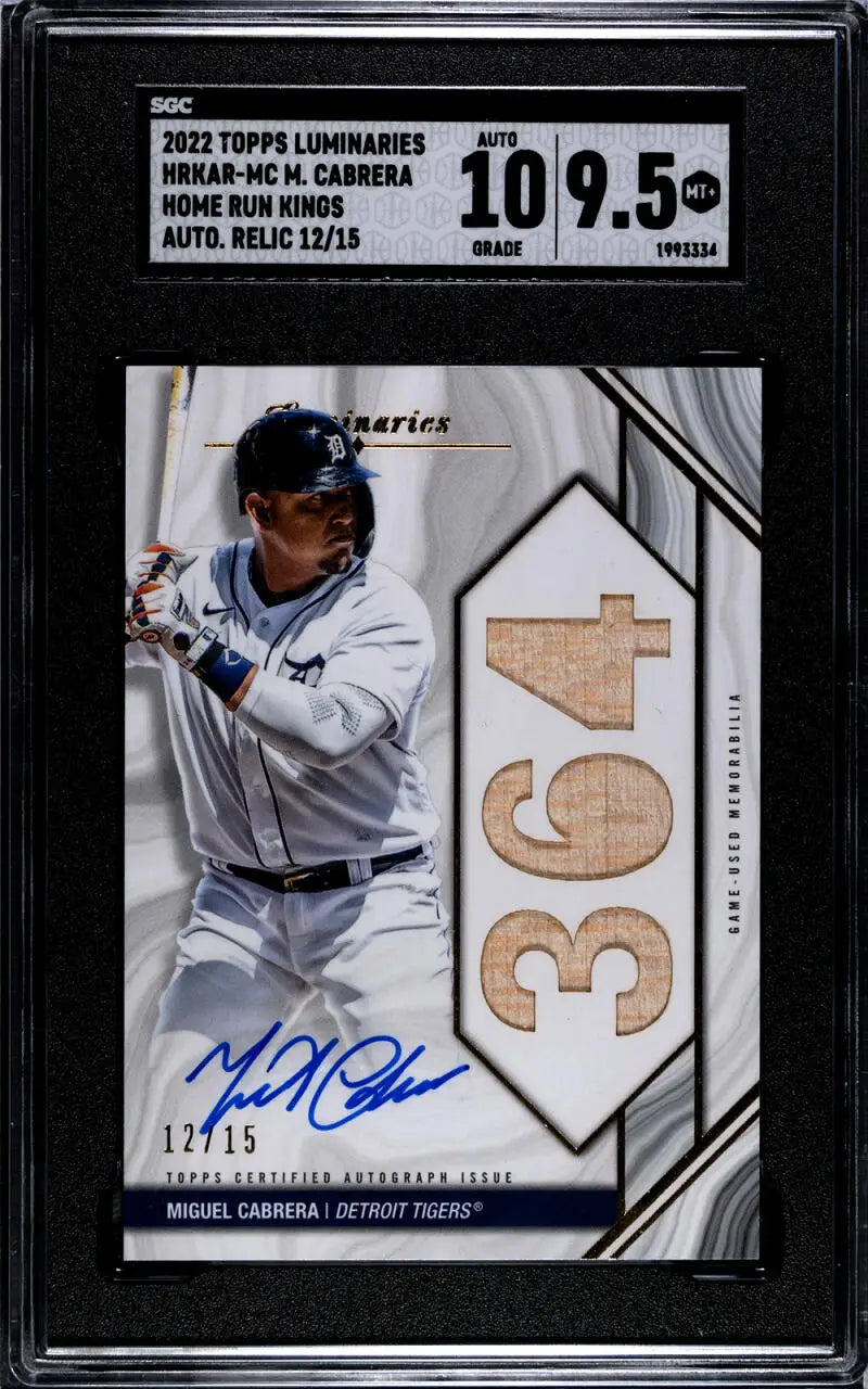 Graded Miguel Cabrera Detroit Tigers baseball card with jersey patch numbered 12/15
