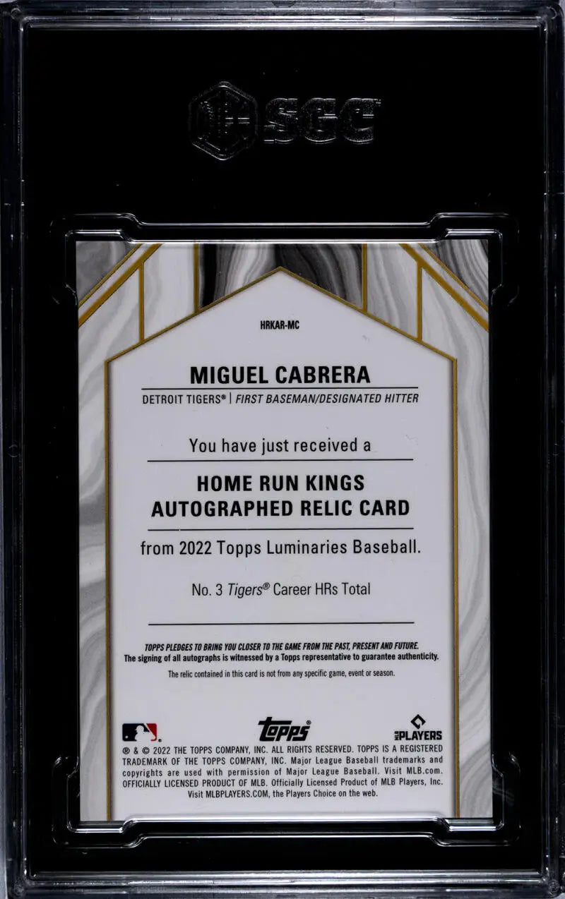 Miguel Cabrera Detroit Tigers Home Run Kings autographed relic card from 2022 Topps Luminaries
