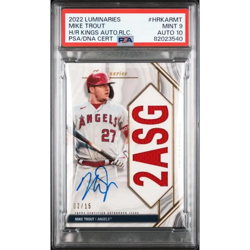 2022 Topps Luminaries #HRKARMT Mike Trout PSA 9 MINT MEM Auto 2/15 Anaheim Angels Baseball Card