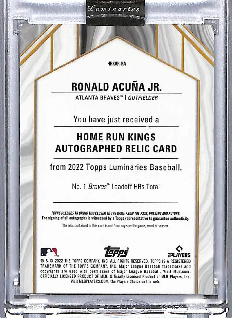 Baseball card relic of Ronald Acuna featuring autographed Topps Luminaries insert