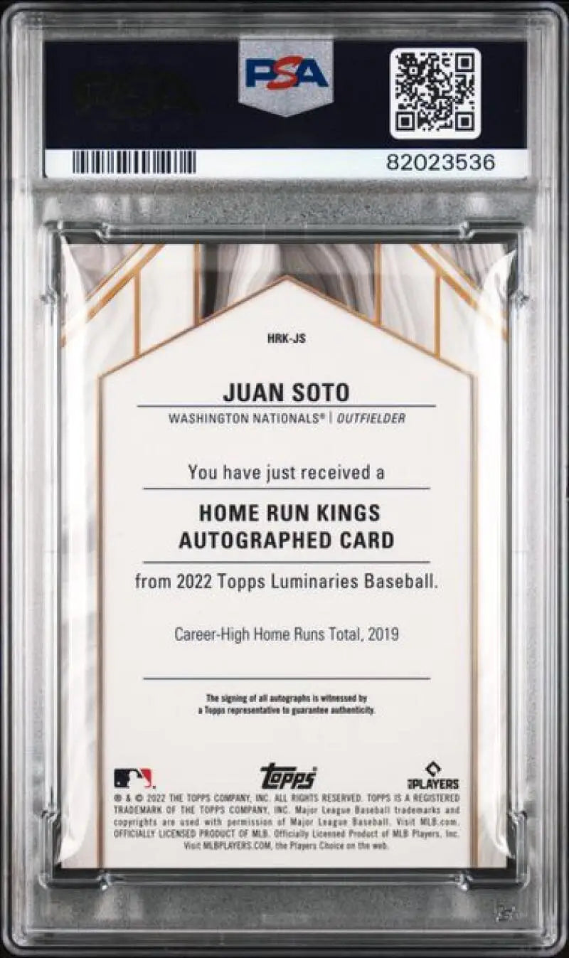 Graded Juan Soto baseball card from 2022 Topps Luminaries with PSA 9 MINT auto