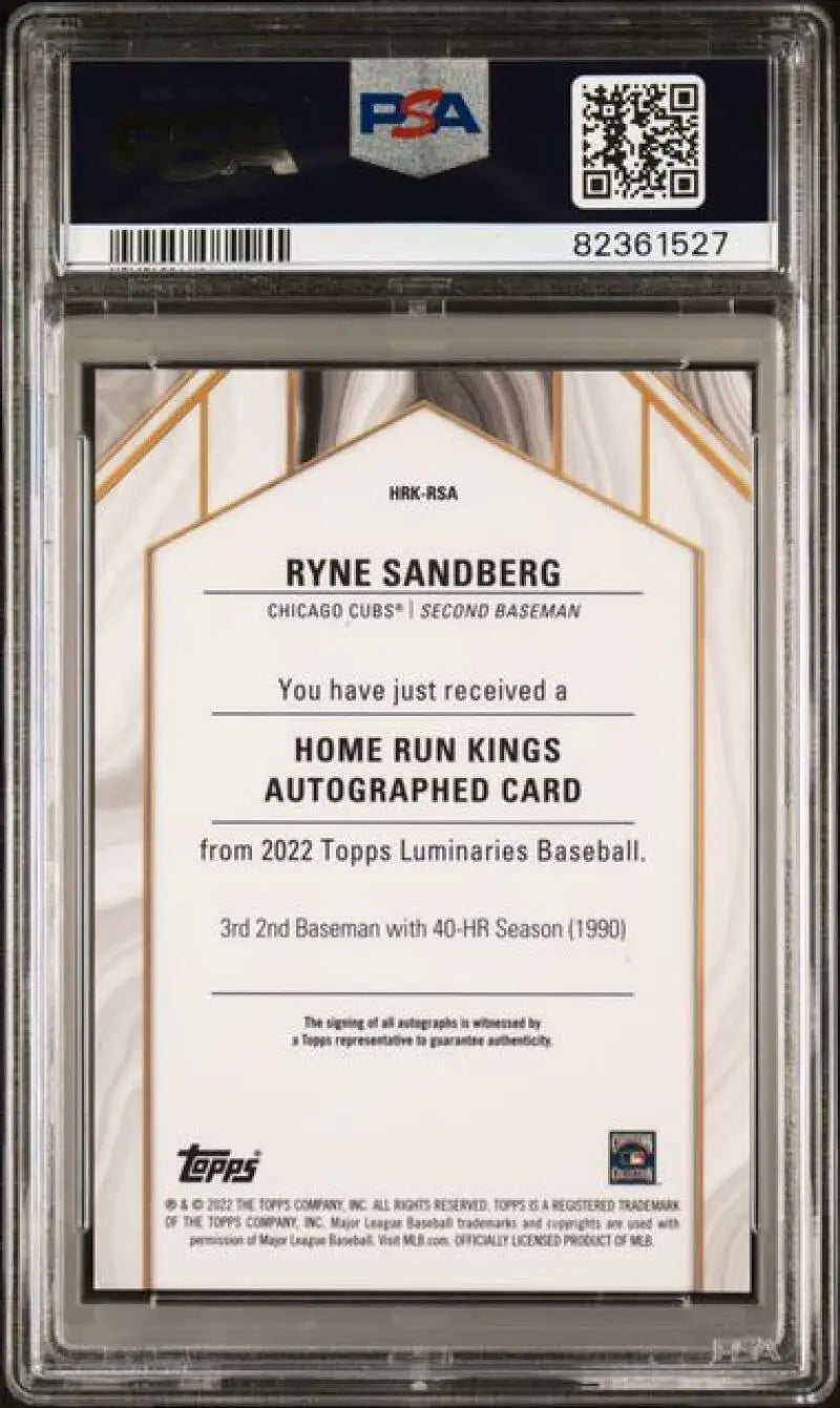 2022 Topps Luminaries #HRKRSA Ryne Sandberg PSA 9 MINT Auto 4/10 Chicago Cubs Baseball Card