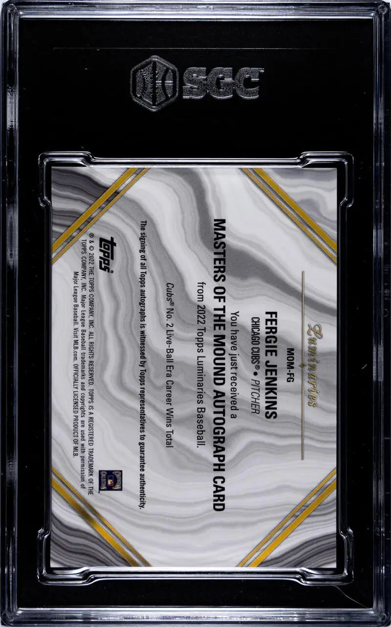 Graded card holder featuring Fergie Jenkins 2022 Topps Luminaries Chicago Cubs card