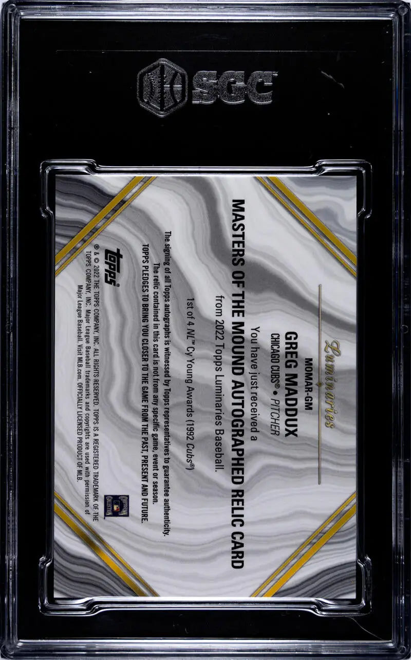 BGS-graded 2022 Topps Luminaries Greg Maddux Chicago Cubs card in gold-accented case