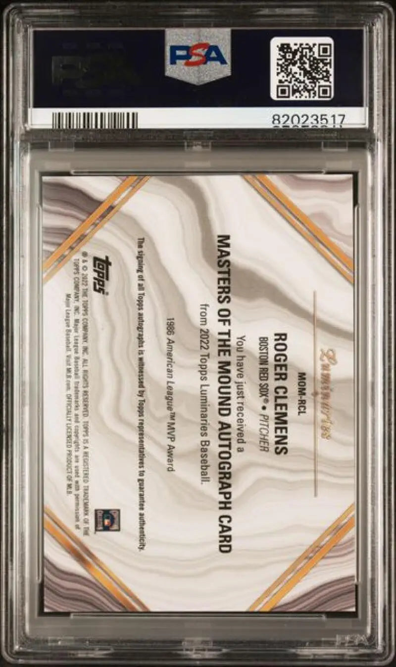 PSA-graded 2022 Topps Luminaries Roger Clemens Auto card in holder, Boston Red Sox memorabilia