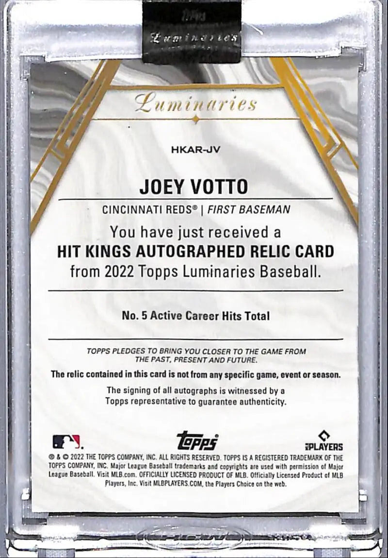 Joey Votto autographed relic card back details from 2022 Topps Luminaries Cincinnati Reds