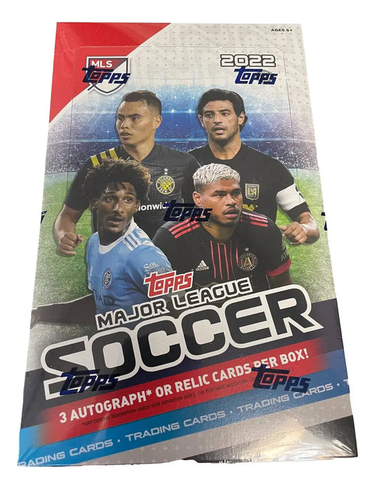Trading card box for 2022 Topps Major League Soccer featuring player images on cover