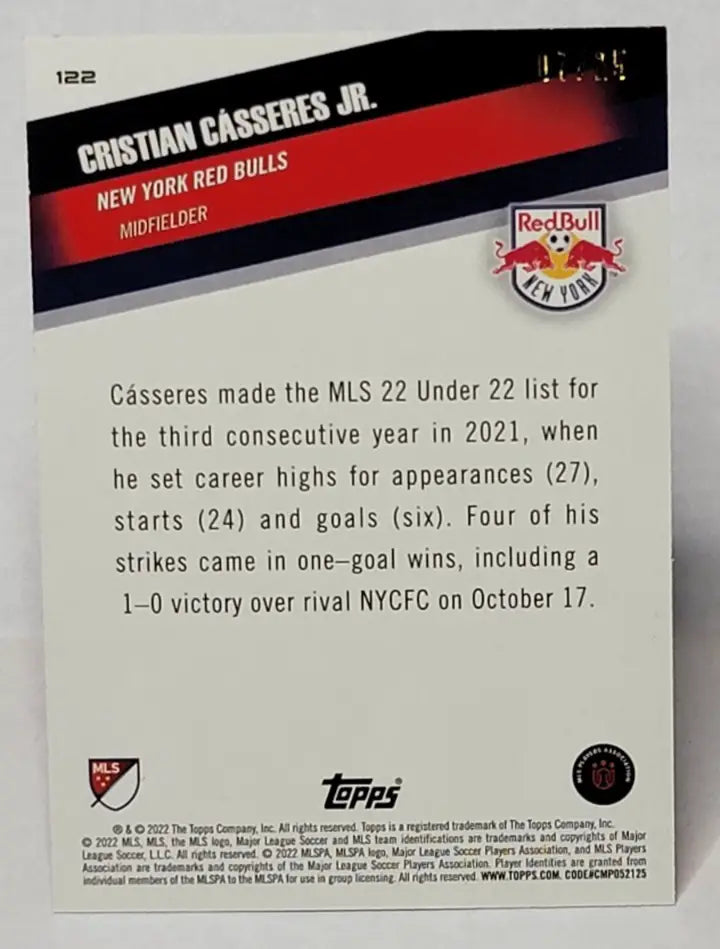 Soccer player trading card of Cristian Casseres Jr York Red Bulls from 2022 Topps MLS Sapphire /25