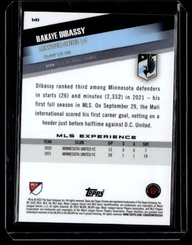 Trading card featuring Bakaye Dibassy statistics from Minnesota United Topps MLS Chrome