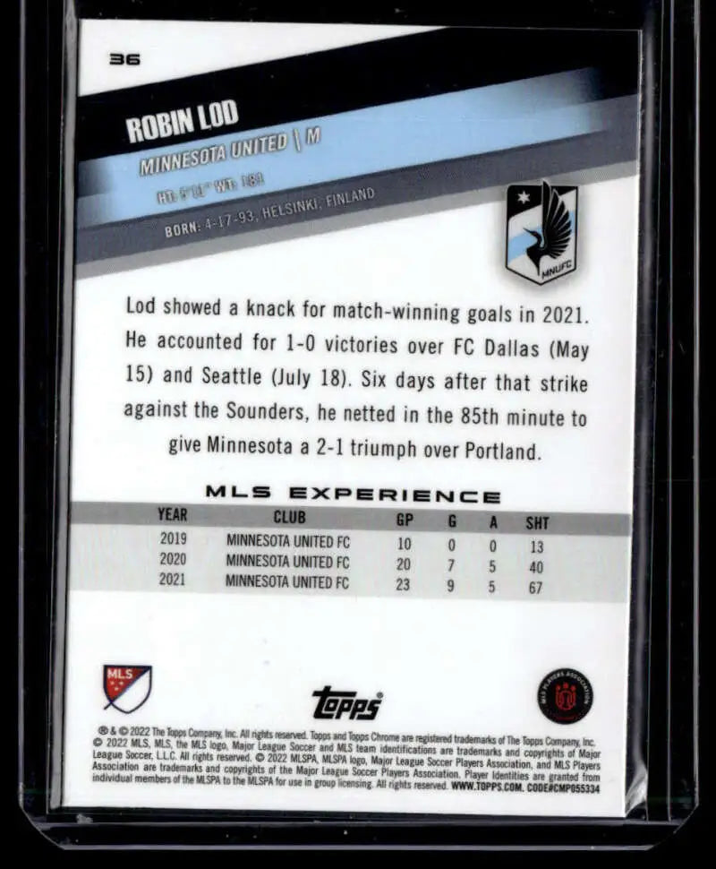 Soccer card featuring Robin Lod with MLS statistics for Minnesota United FC