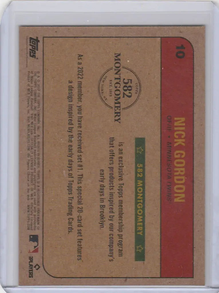 Vintage baseball card of Nick Gordon Minnesota Twins from Topps Montgomery set