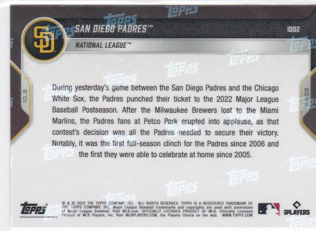 Baseball card back featuring San Diego Padres 2022 TOPPS NOW #1002 team info